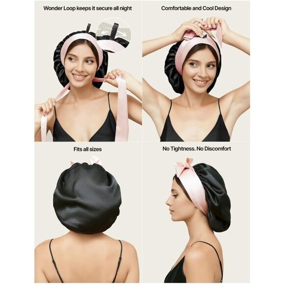 Silk Sleep Bonnet Women Men Black Rose 100% Mulberry Hair Protect Deep Sleep main image 9